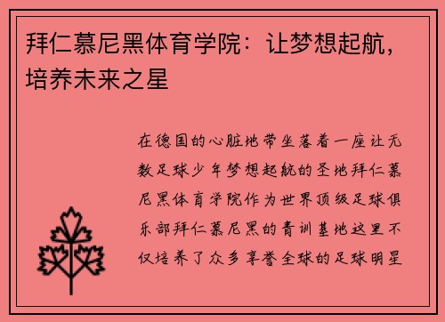 拜仁慕尼黑体育学院：让梦想起航，培养未来之星